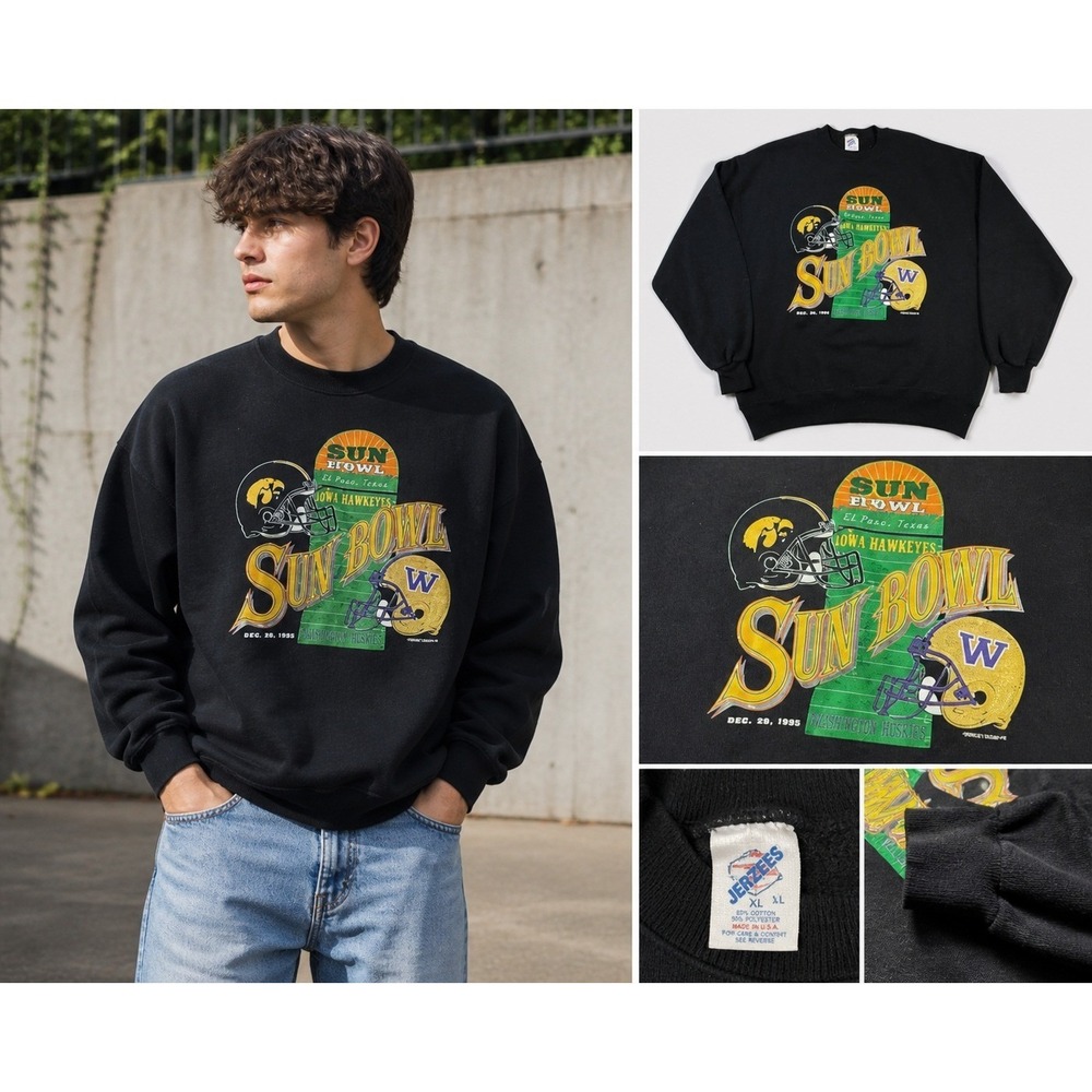 Vintage 90s Iowa Hawkeyes Sun Bowl Sweatshirt Mens L Jerzees NCAA Black